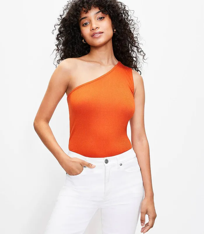 LOFT Ribbed One Shoulder Top Black Women Tops