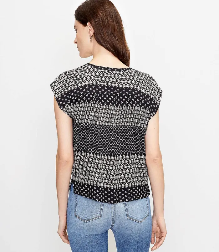 LOFT Split Neck Mixed Media Top Black Women Tees