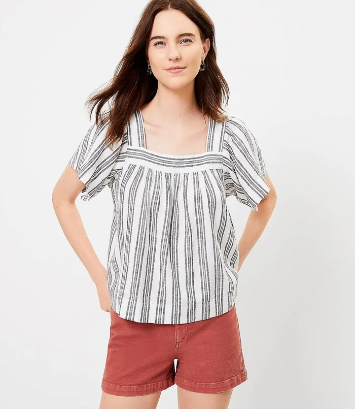 LOFT Striped Square Neck Tee Whisper White Women Tops