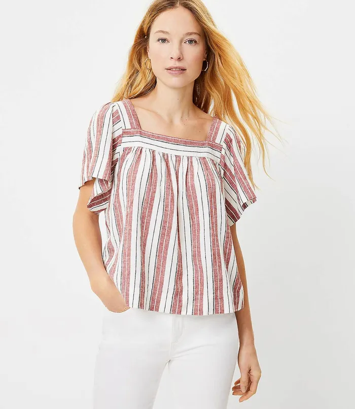 LOFT Striped Square Neck Top Bossa Nova Red Women Tops