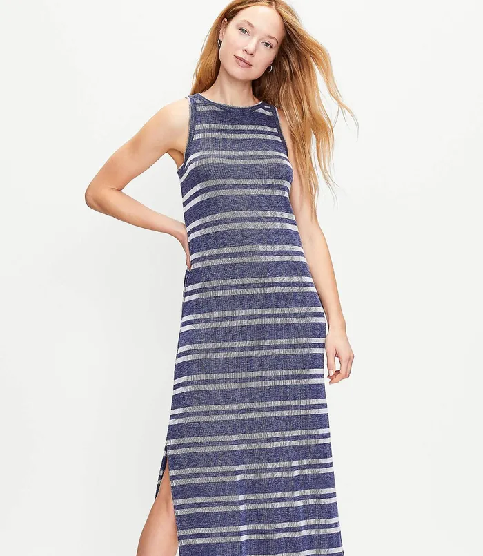 LOFT Striped Tank Midi Dress Indigo Stripe Women Midi and Maxi