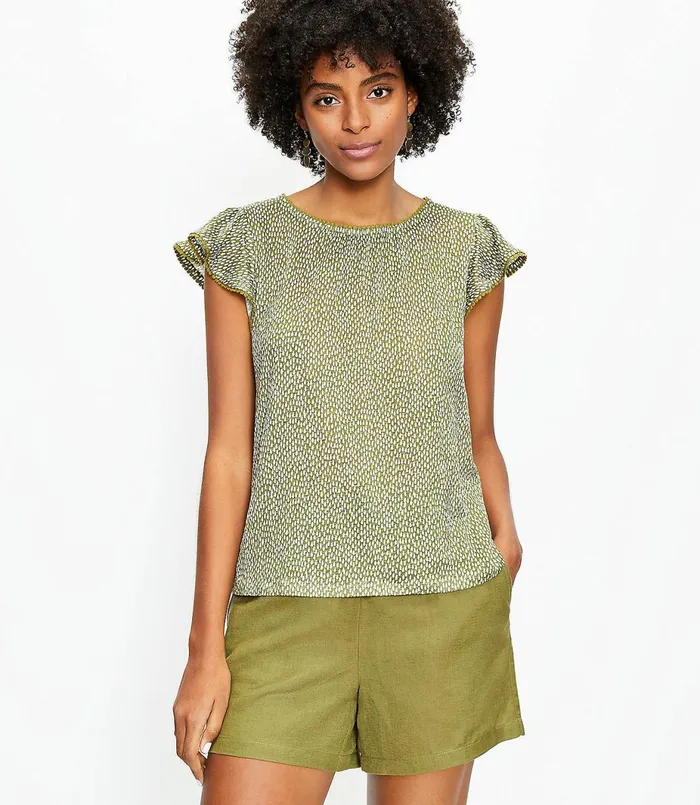 LOFT Teardrop Linen Flutter Sleeve Tee Dark Kiwi Green Women Tops
