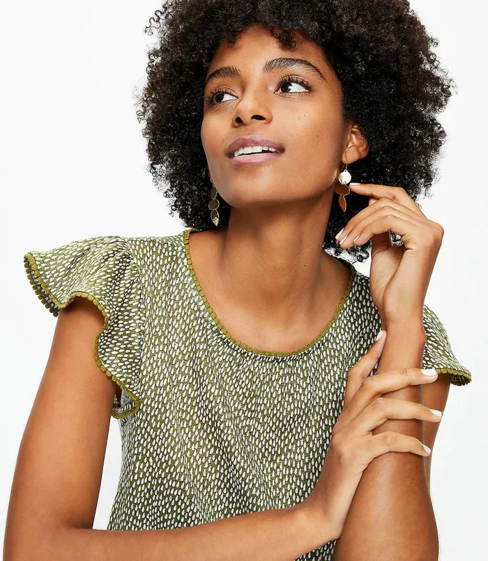 LOFT Teardrop Linen Flutter Sleeve Tee Dark Kiwi Green Women Tops