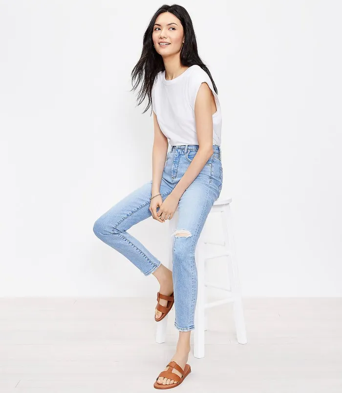 LOFT The Destructed High Waist Skinny Ankle Jean In Vivid Light Indigo Wash Vivid Light Indigo Wash Women Jeans
