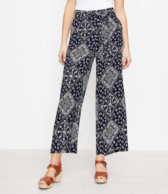 LOFT Tie Waist Pull On Wide Leg Pants In Bandana Print Forever Navy Women Pants