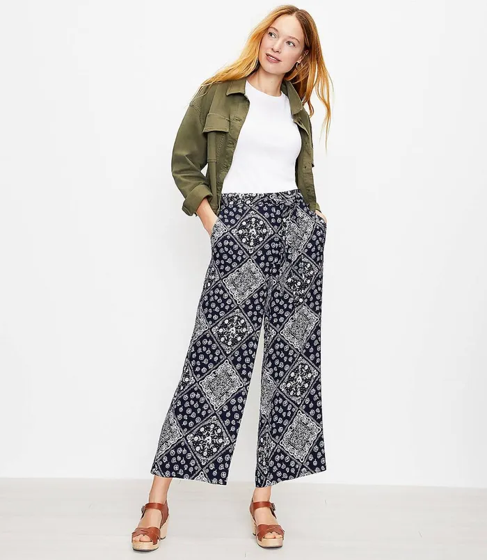LOFT Tie Waist Pull On Wide Leg Pants In Bandana Print Forever Navy Women Pants