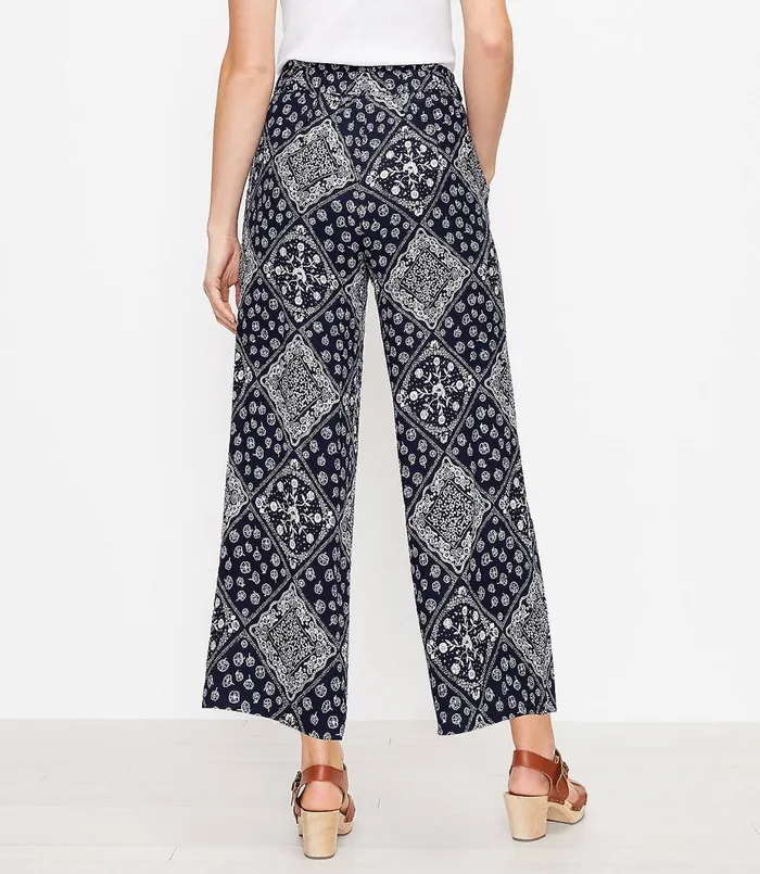 LOFT Tie Waist Pull On Wide Leg Pants In Bandana Print Forever Navy Women Pants