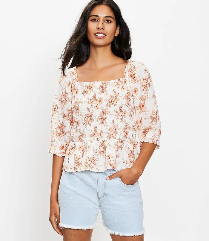 LOFT Toile Smocked Peplum Blouse Whisper White Women Petite Tops