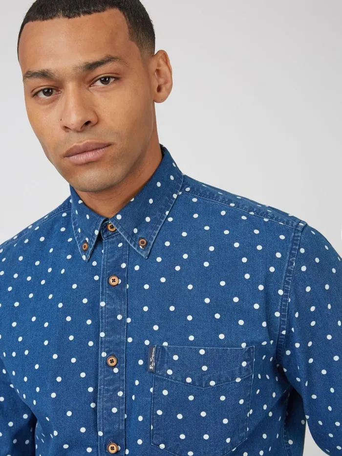 Men Ben Sherman Archive Print Shirts Indigo Spot Print LongSleeve Shirt