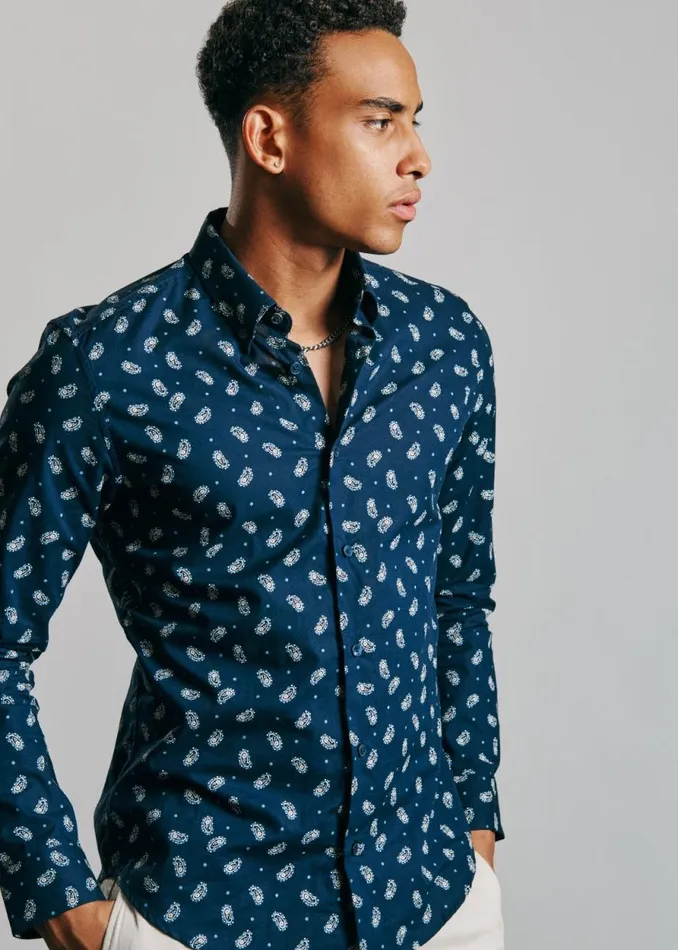 Men Ben Sherman Long Sleeve Shirts Micro Paisley Print Shirt 8211 Dark Navy