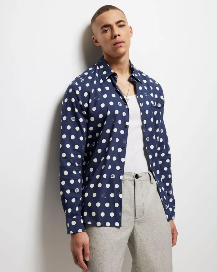 Men Ben Sherman Long Sleeve Shirts Rolling Stone Spotted Logo Shirt