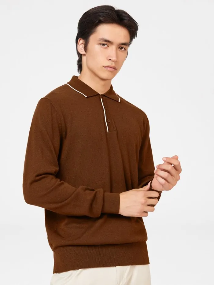 Men Ben Sherman Mod Knit Polos Tipped Merino Knit Polo 8211 Utility Brown