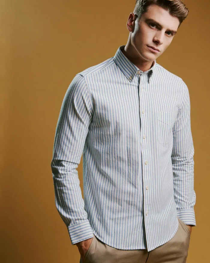 Men Ben Sherman Oxford Shirts Oxford Stripe LongSleeve Shirt 8211 Pale Blue