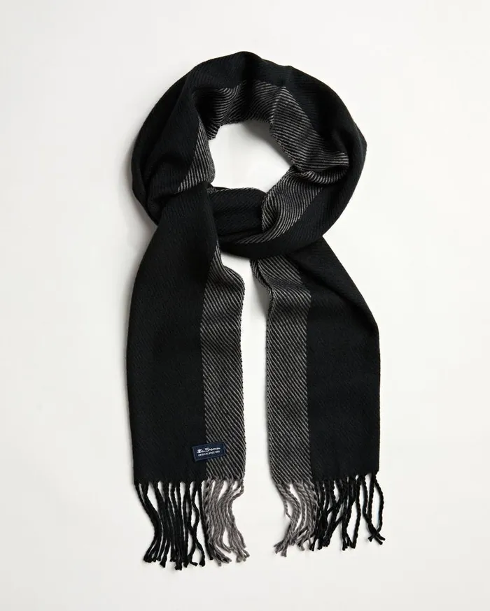 Men Ben Sherman Scarves and Cold Weather Striped Herringbone Scarf 8211 True BlackGranite Grey