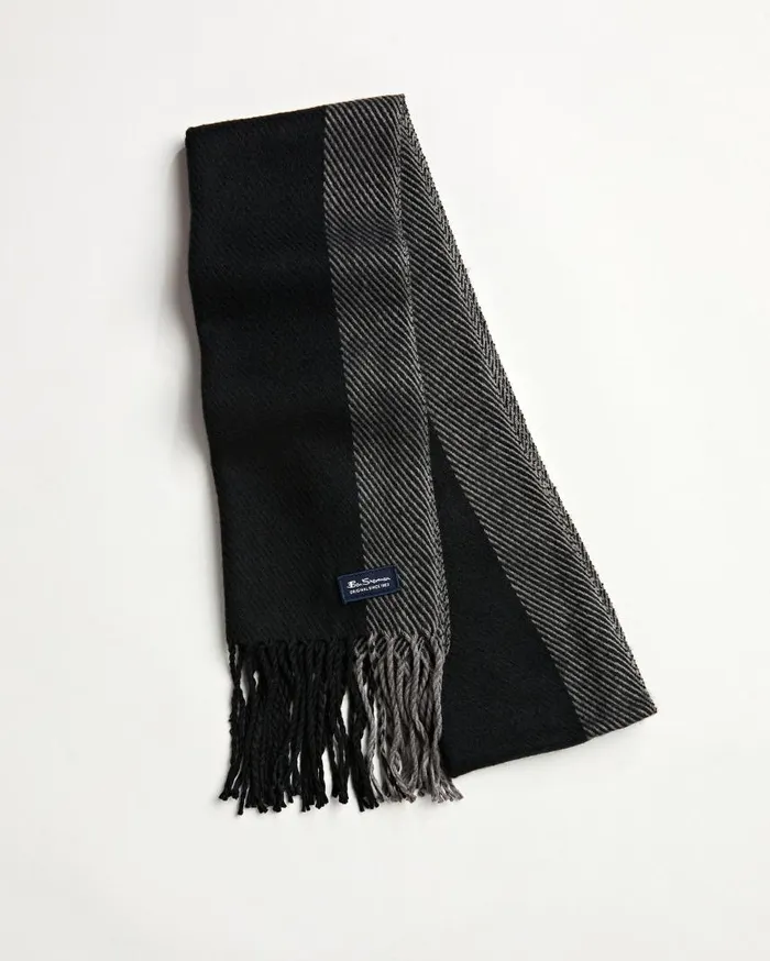 Men Ben Sherman Scarves and Cold Weather Striped Herringbone Scarf 8211 True BlackGranite Grey