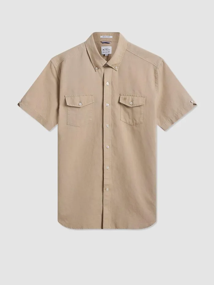 Men Ben Sherman Short Sleeve Shirts Garment Dye ShortSleeve Linen Shirt 8211 Sand