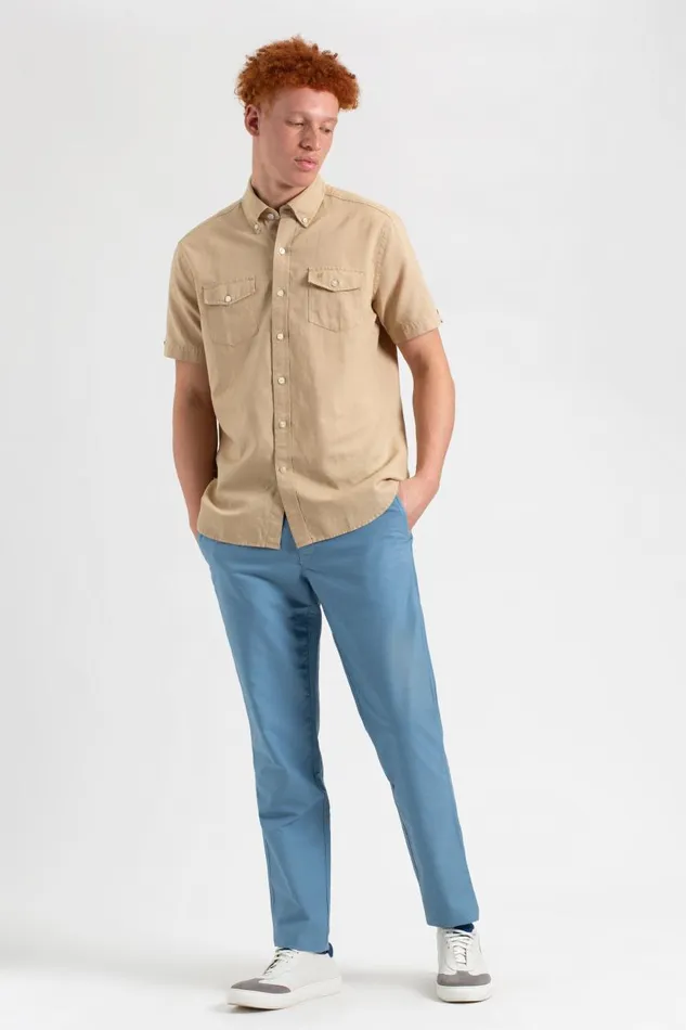 Men Ben Sherman Short Sleeve Shirts Garment Dye ShortSleeve Linen Shirt 8211 Sand