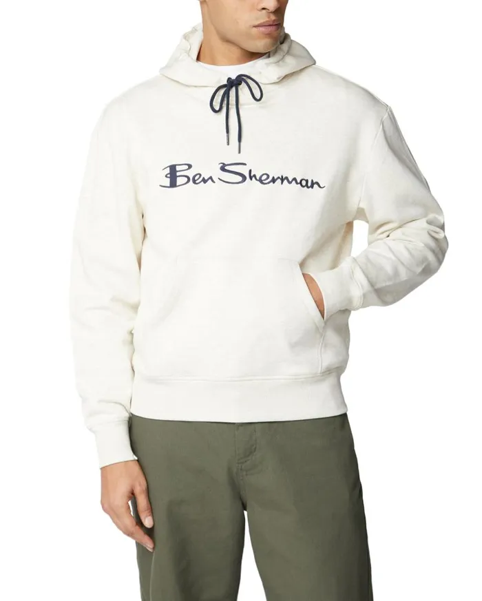 Men Ben Sherman Sweatshirts and Hoodies Embroidered Logo Hoodie 8211 Ecru