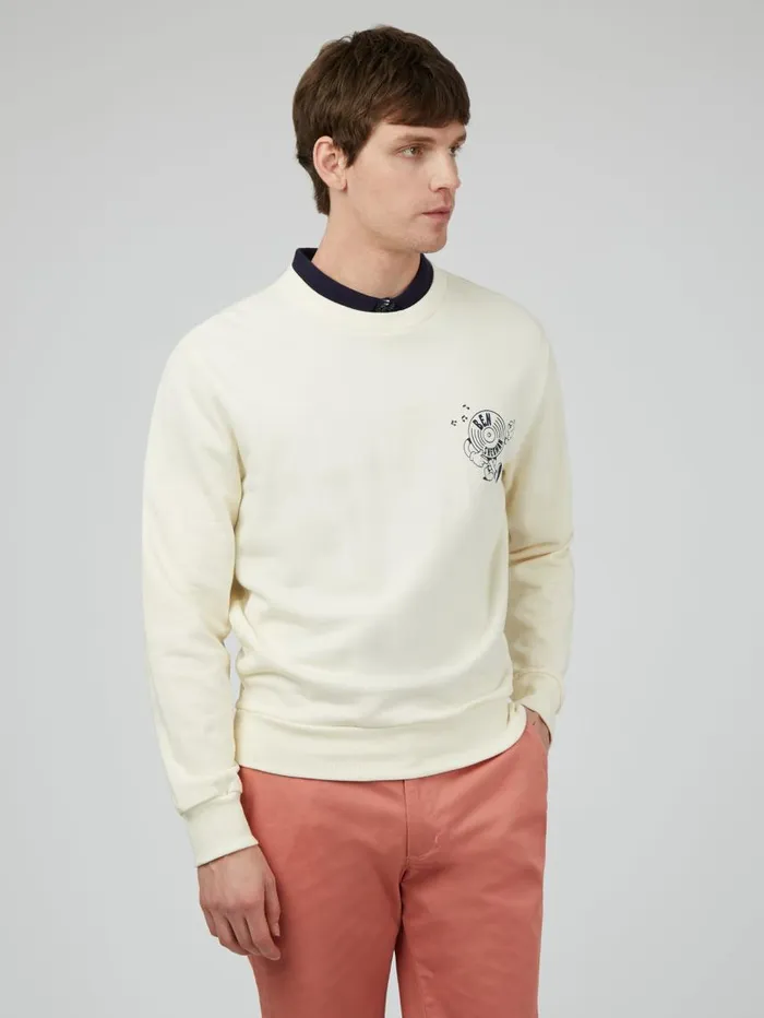 Men Ben Sherman Sweatshirts and Hoodies Strolling Record Graphic Crewneck Sweatshirt 8211 Ivory