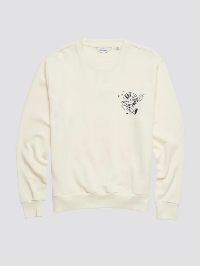 Men Ben Sherman Sweatshirts and Hoodies Strolling Record Graphic Crewneck Sweatshirt 8211 Ivory