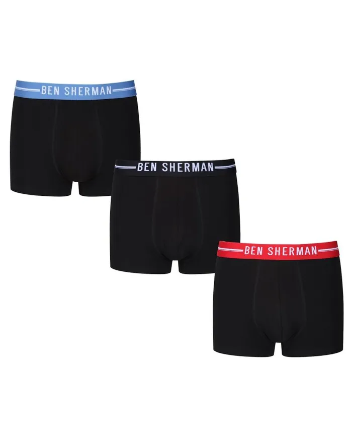 Men Ben Sherman Underwear Brant 3Pack Fitted NoFly BoxerBriefs 8211 Black With Red Black And Delft
