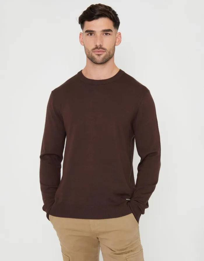 Men Brown Crew Neck Knitted Jumper Threadbare Jumpers
