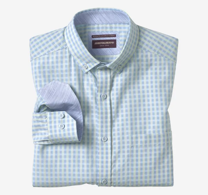 Men ButtonCollar Premium Cotton Shirt Mint Gingham JohnstonandMurphy Shirts