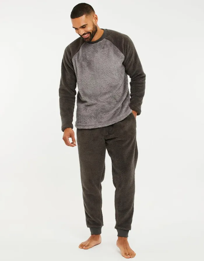 Men Charcoal Faux Borg Loungewear 2Piece Set Threadbare Pyjamas