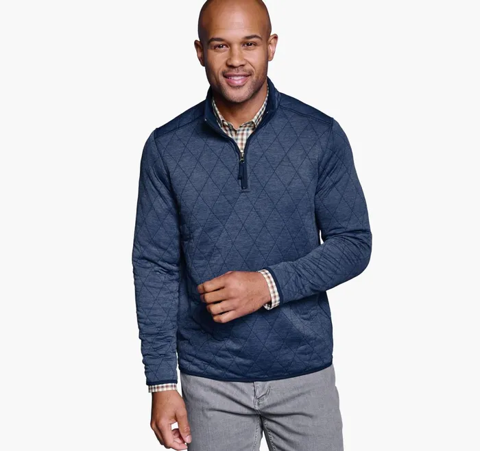 Men Diamond Quilt QuarterZip Navy Heather JohnstonandMurphy Sweaters and Knits