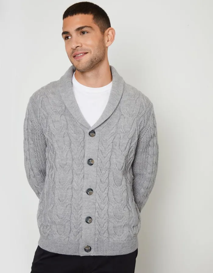 Men Grey Marl Cable Knit Shawl Cardigan Threadbare Cardigans