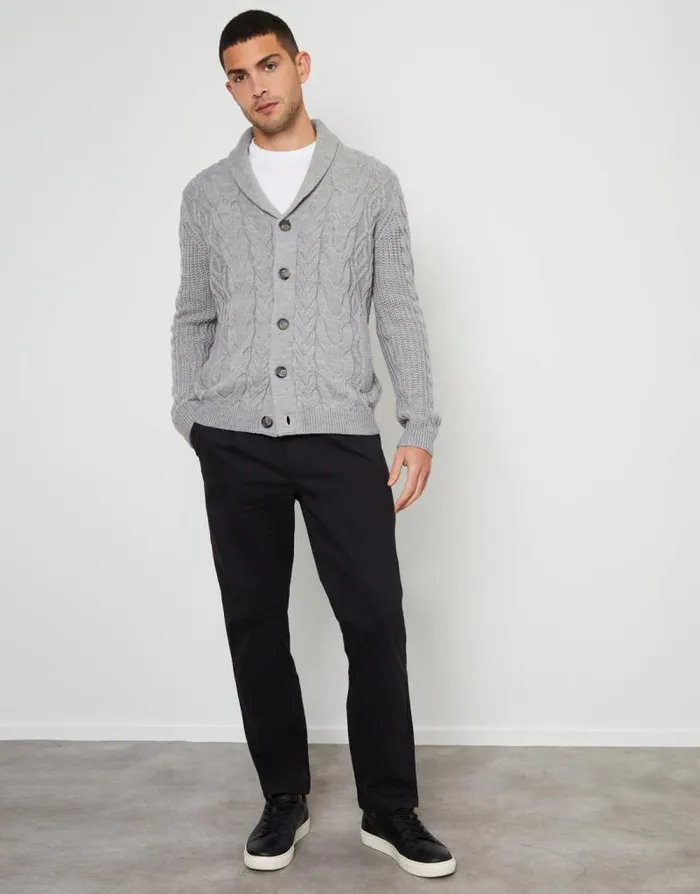 Men Grey Marl Cable Knit Shawl Cardigan Threadbare Cardigans Men Grey Marl Cable Knit Shawl Cardigan Threadbare Cardigans