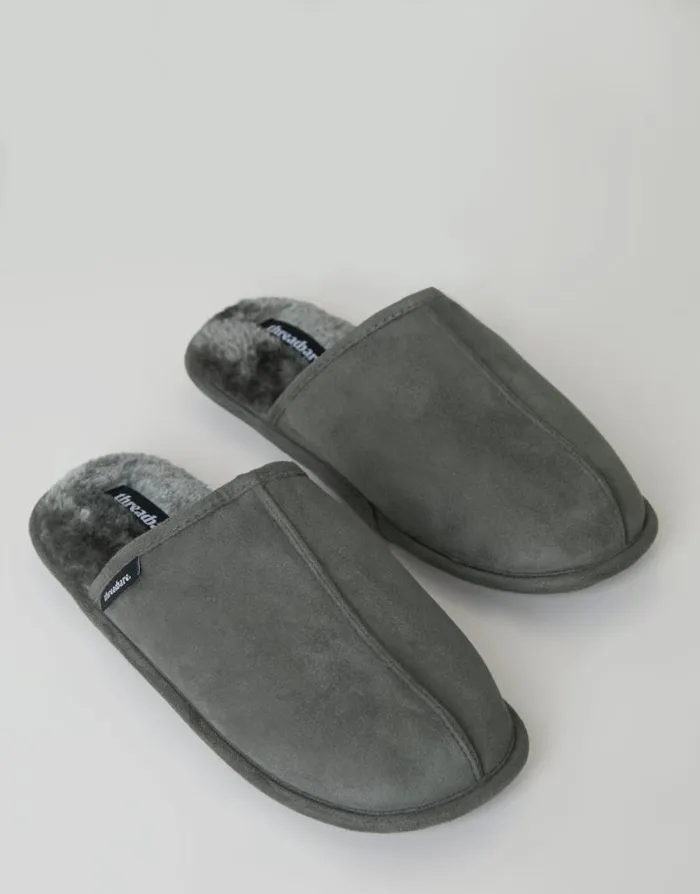 Men Grey Suedette Mule Slippers With Faux Fur Lining Threadbare Slippers
