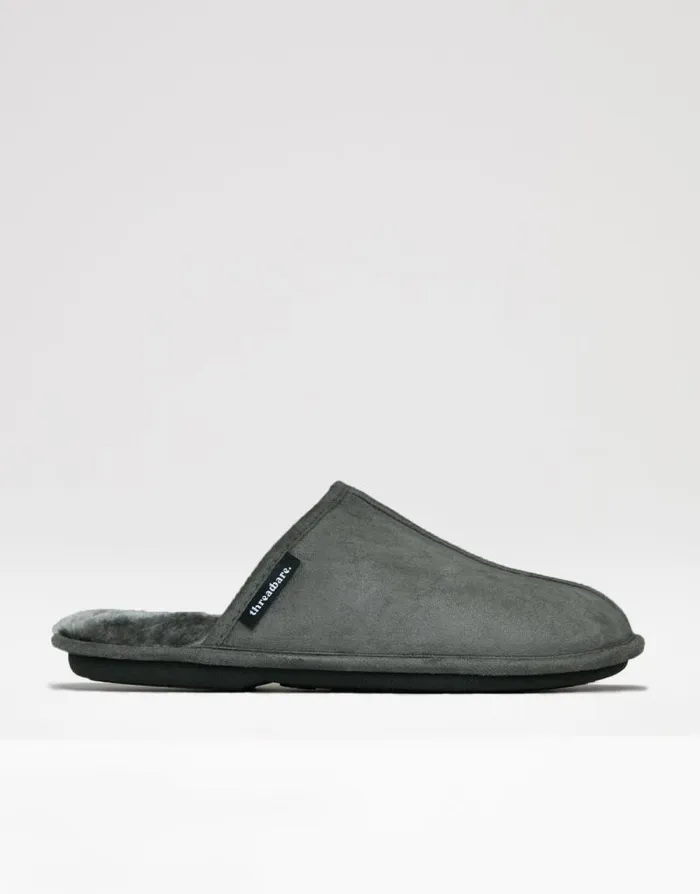 Men Grey Suedette Mule Slippers With Faux Fur Lining Threadbare Slippers Men Grey Suedette Mule Slippers With Faux Fur Lining Threadbare Slippers