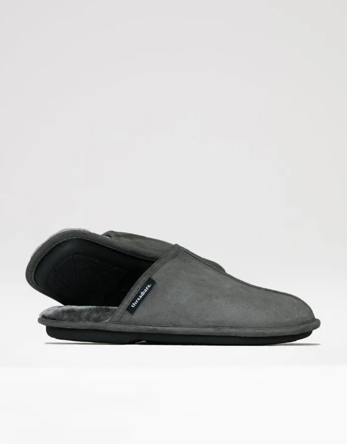 Men Grey Suedette Mule Slippers With Faux Fur Lining Threadbare Slippers Men Grey Suedette Mule Slippers With Faux Fur Lining Threadbare Slippers
