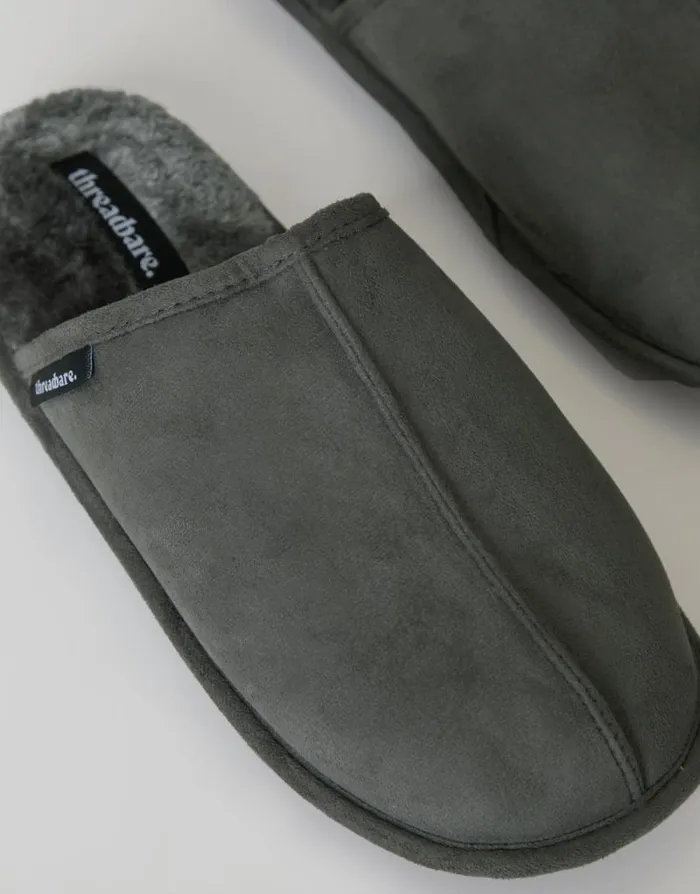 Men Grey Suedette Mule Slippers With Faux Fur Lining Threadbare Slippers Men Grey Suedette Mule Slippers With Faux Fur Lining Threadbare Slippers