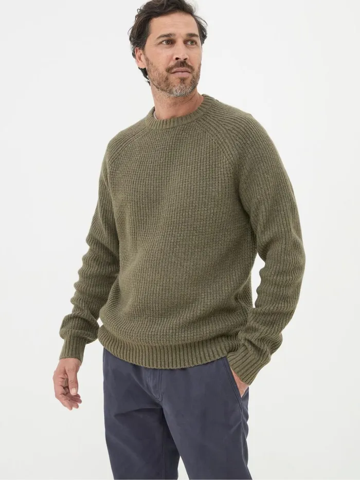 Men Knitwear Fat Face Calder Khaki Green Crew Neck Jumper