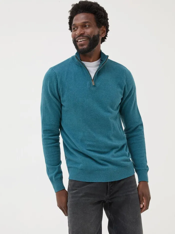 Men Knitwear Fat Face Rye Teal Blue HalfNeck