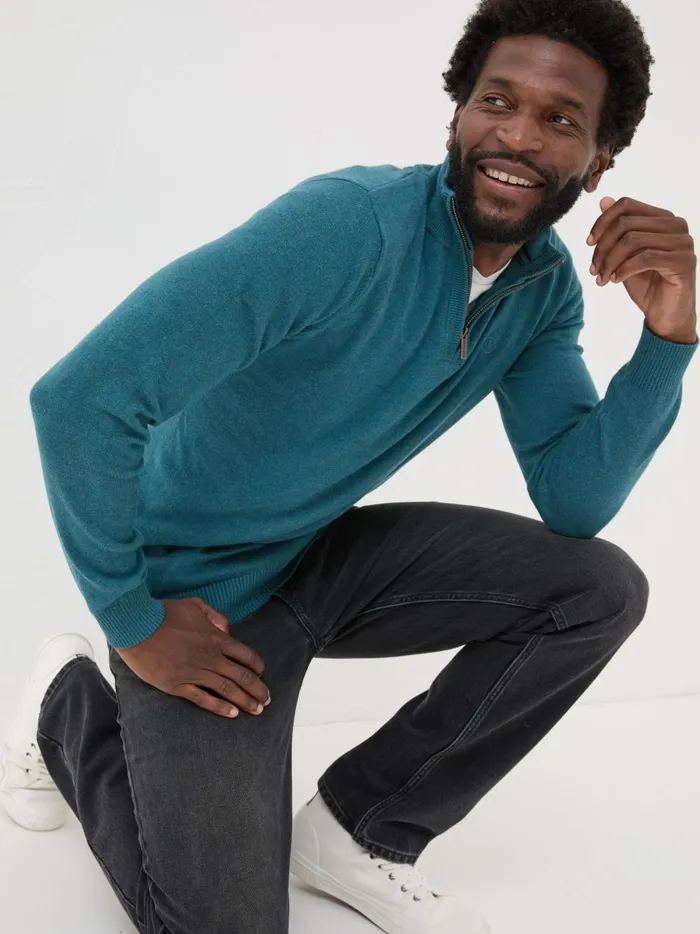 Men Knitwear Fat Face Rye Teal Blue HalfNeck