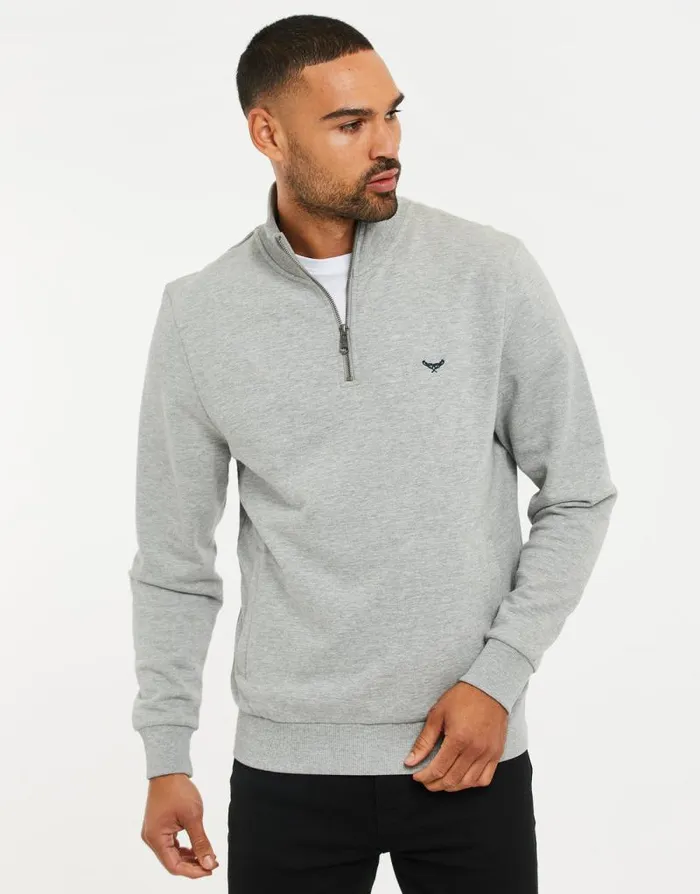 Men Light Grey Quarter Zip Knitted Sweatshirt Threadbare Jumpers