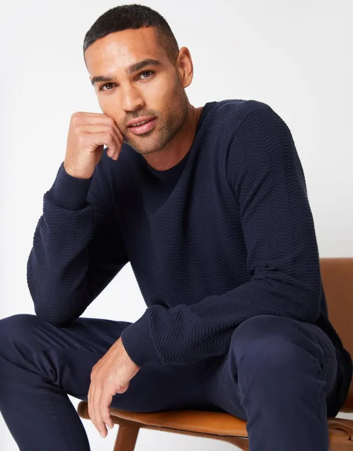 Men Navy Textured Knitted Crew Neck Jumper Threadbare Jumpers