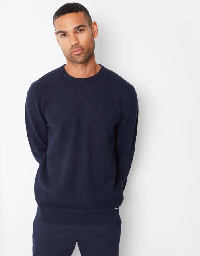 Men Navy Textured Knitted Crew Neck Jumper Threadbare Jumpers Men Navy Textured Knitted Crew Neck Jumper Threadbare Jumpers