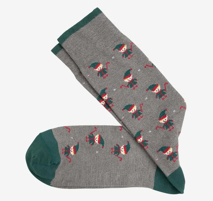 Men Pima Cotton HolidayThemed Socks Gray Holiday Elves JohnstonandMurphy Socks