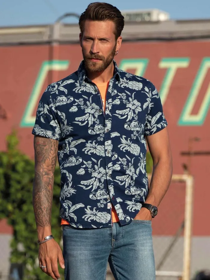 Men Shirts Petrol Industries Botanical ShortSleeved Shirt Dark Indigo