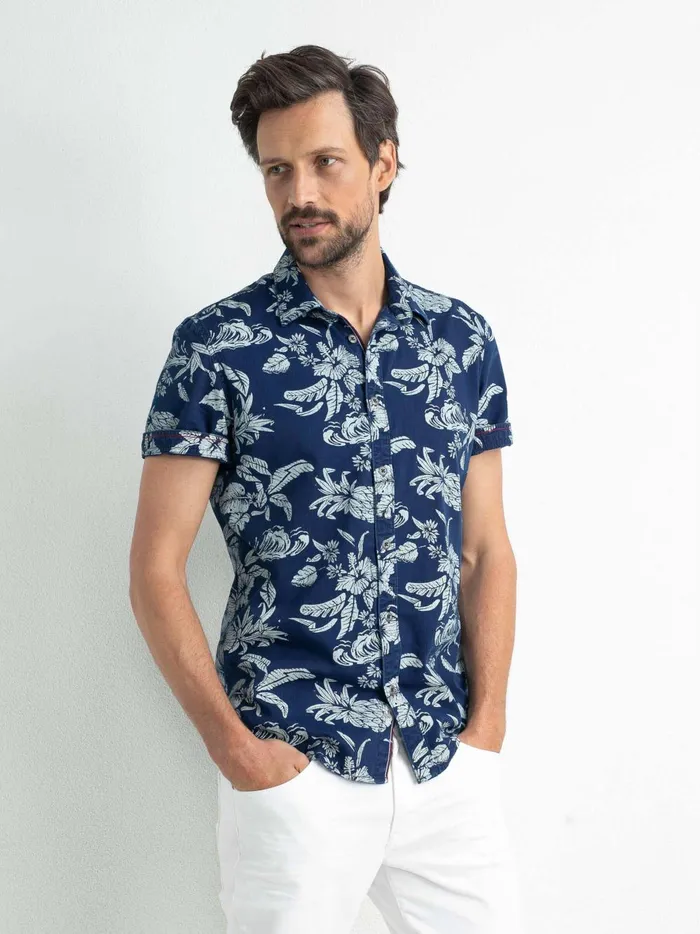 Men Shirts Petrol Industries Botanical ShortSleeved Shirt Dark Indigo