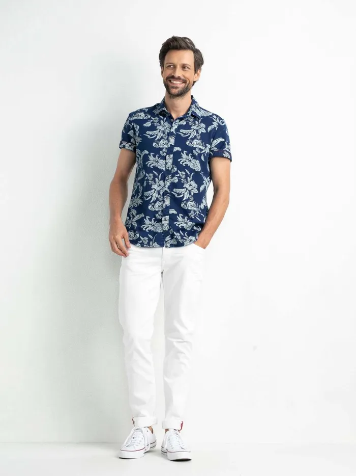 Men Shirts Petrol Industries Botanical ShortSleeved Shirt Dark Indigo