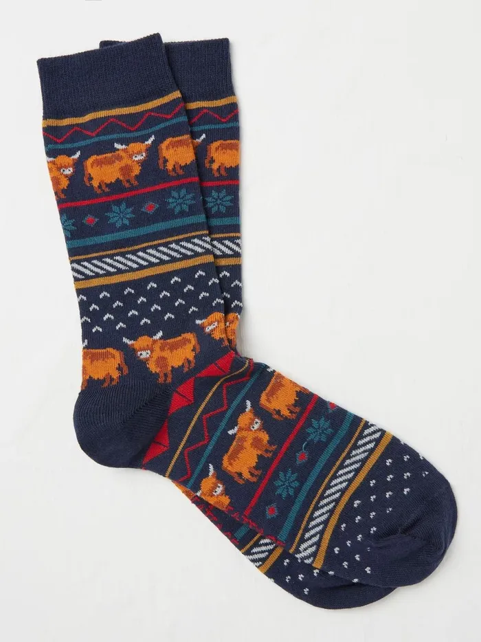 Men Socks Fat Face Navy Highland Cow Fairisle Socks
