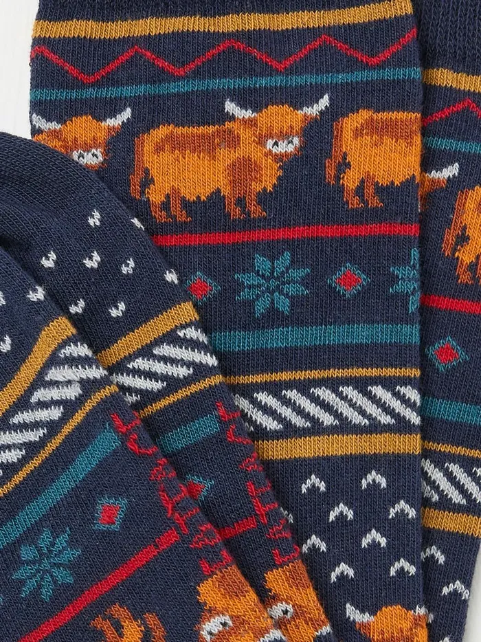 Men Socks Fat Face Navy Highland Cow Fairisle Socks Men Socks Fat Face Navy Highland Cow Fairisle Socks