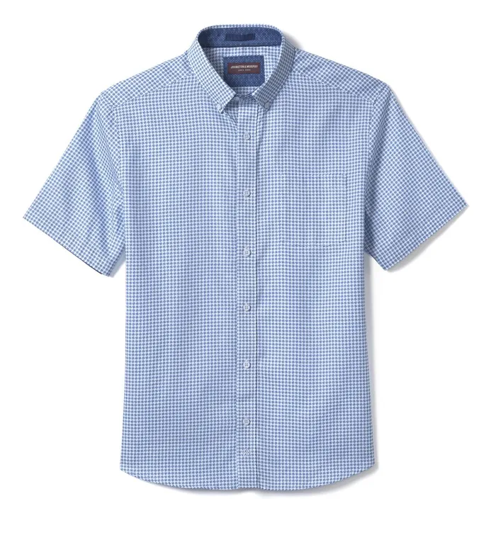 Men Textured Cotton ShortSleeve Shirt Blue Geo Turbine JohnstonandMurphy ShortSleeve Shirts