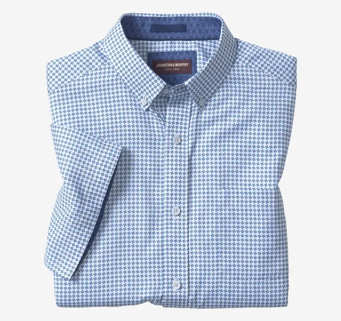 Men Textured Cotton ShortSleeve Shirt Blue Geo Turbine JohnstonandMurphy ShortSleeve Shirts