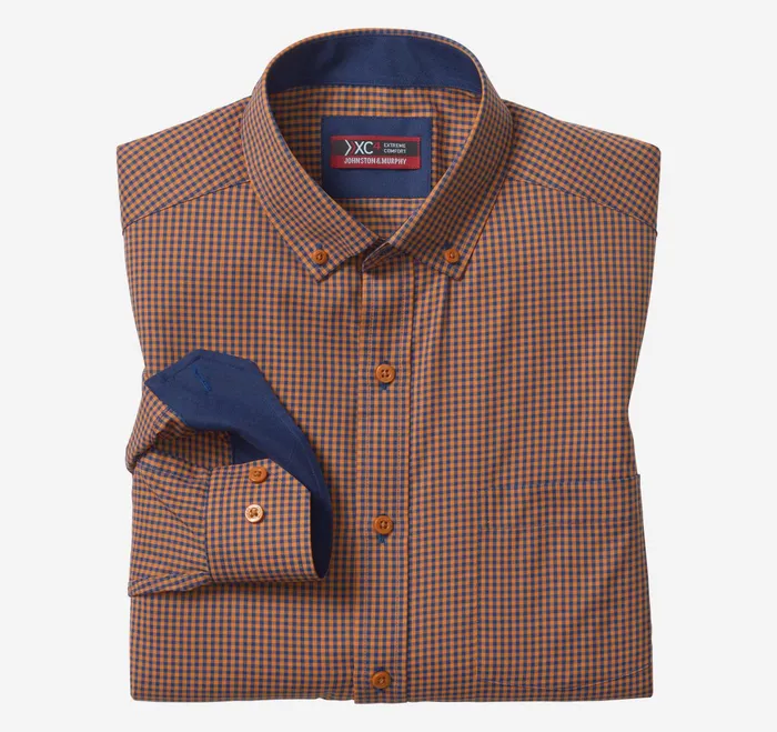 Men Xc4 LongSleeve StretchWoven Shirt Rustnavy Gingham JohnstonandMurphy Shirts